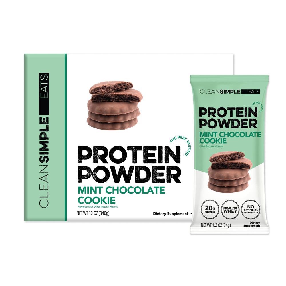 Clean Simple Eats Mint Chocolate Cookie stick pack ready for on-the-go protein boost.