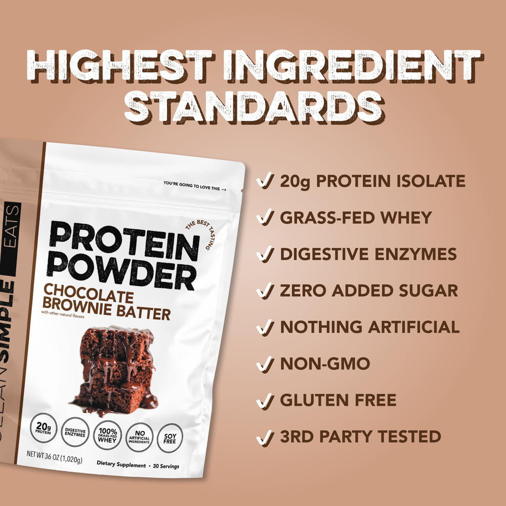 Single-serving scoop of Clean Simple Eats whey protein for on-the-go use