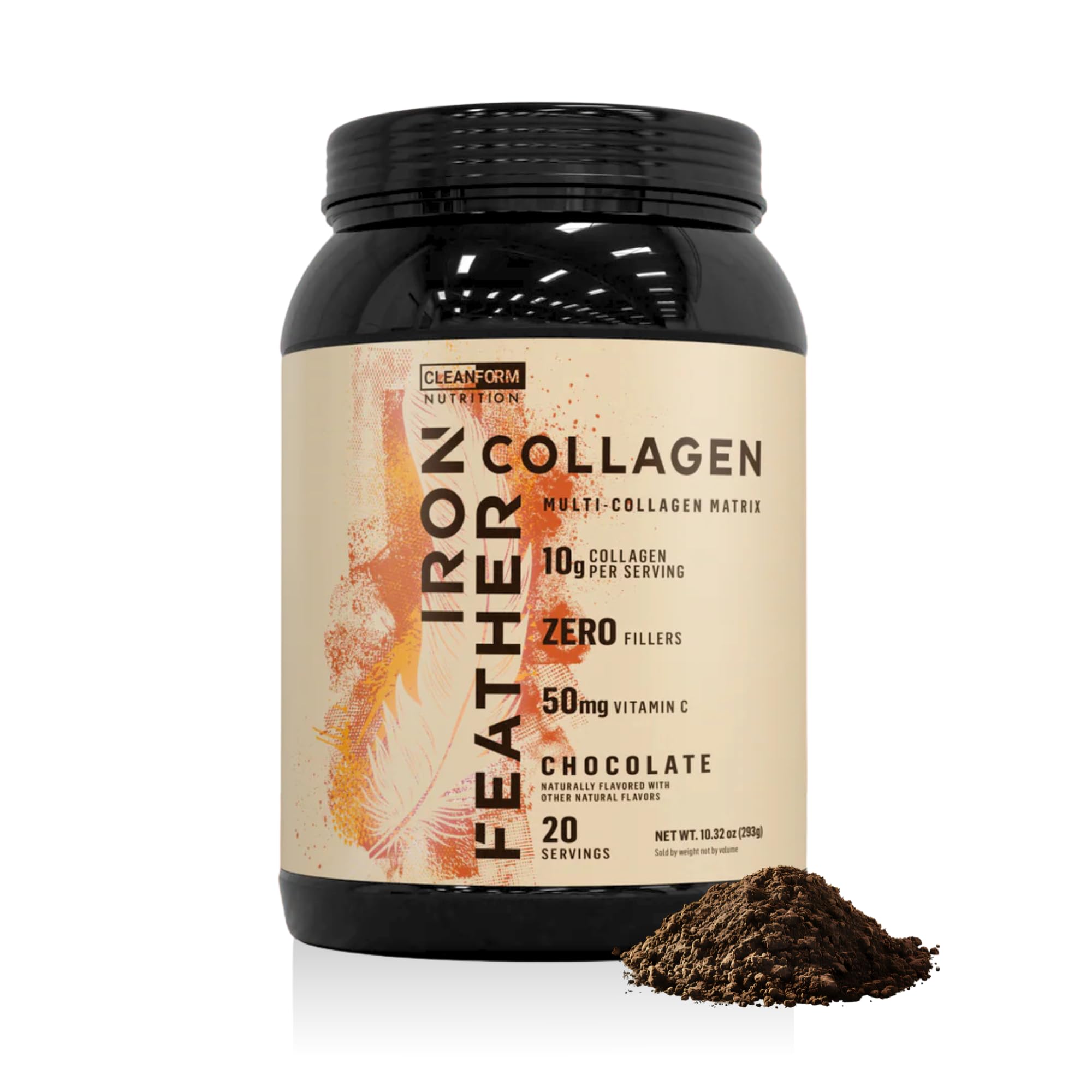 CleanForm Iron Feather collagen powder jar highlighting multi-source collagen support.