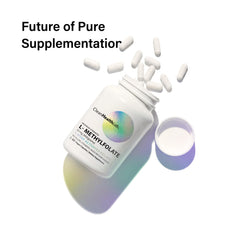 Close-up of CleanHealthLab bottle label showing minimalist packaging.