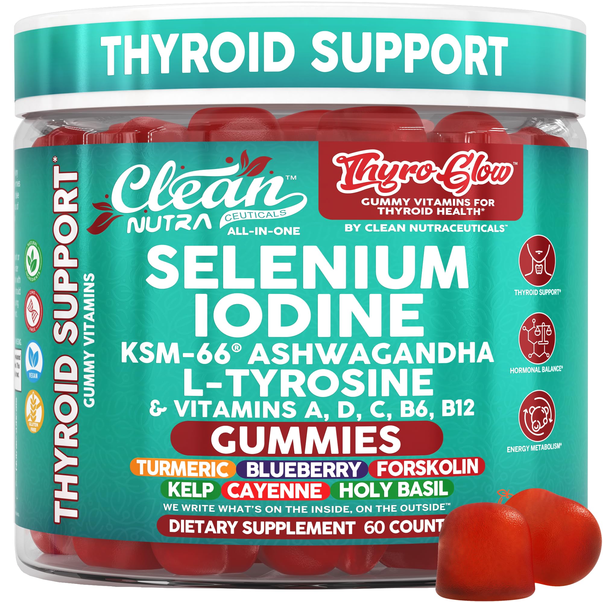 Clean Nutra ThyroGlow gummies bottle front for daily thyroid support.