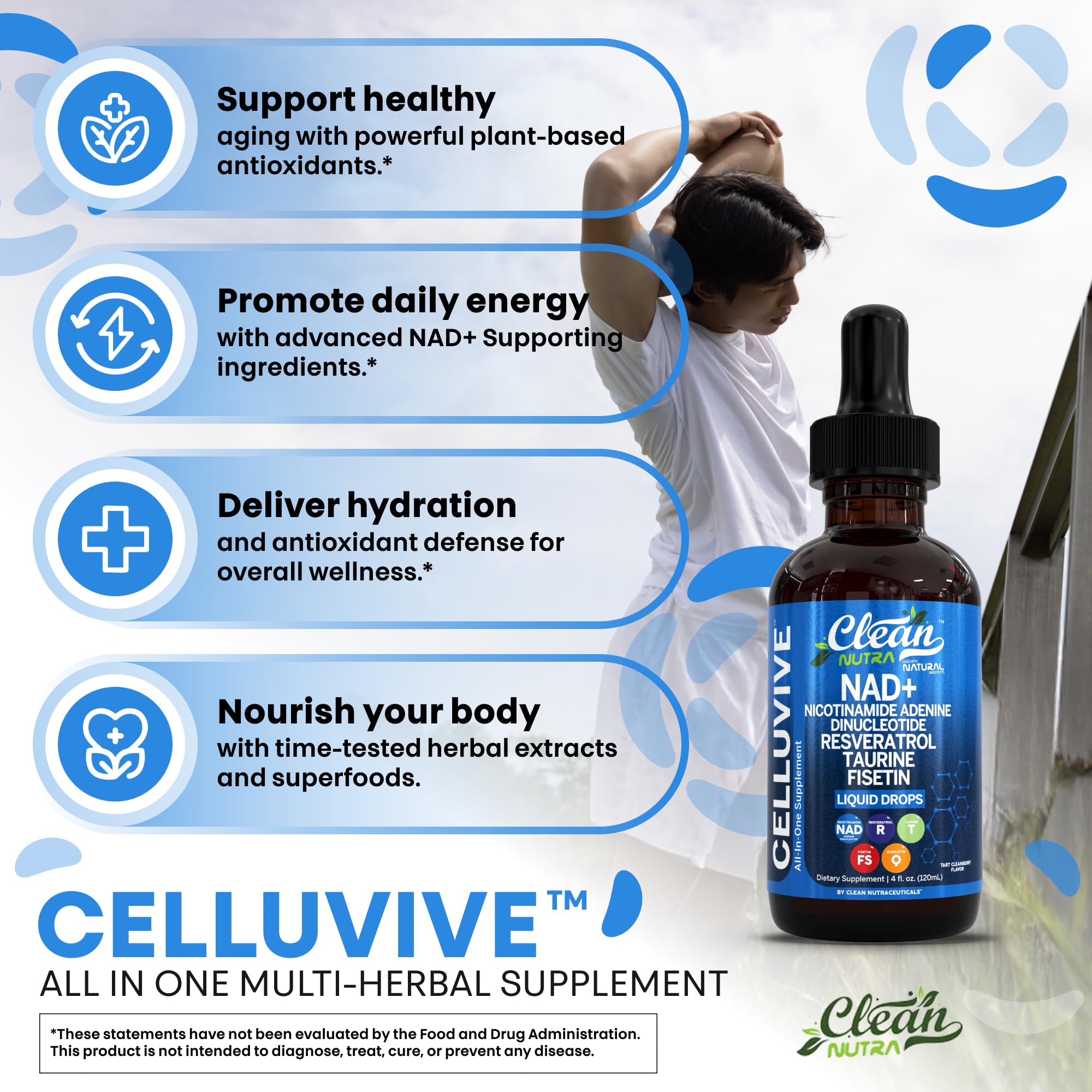 Clean Nutraceuticals NAD Drops bottle with antioxidants suggesting skin and joint support