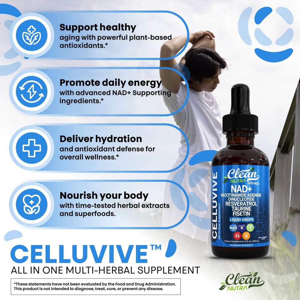 Clean Nutraceuticals NAD Drops bottle with antioxidants suggesting skin and joint support