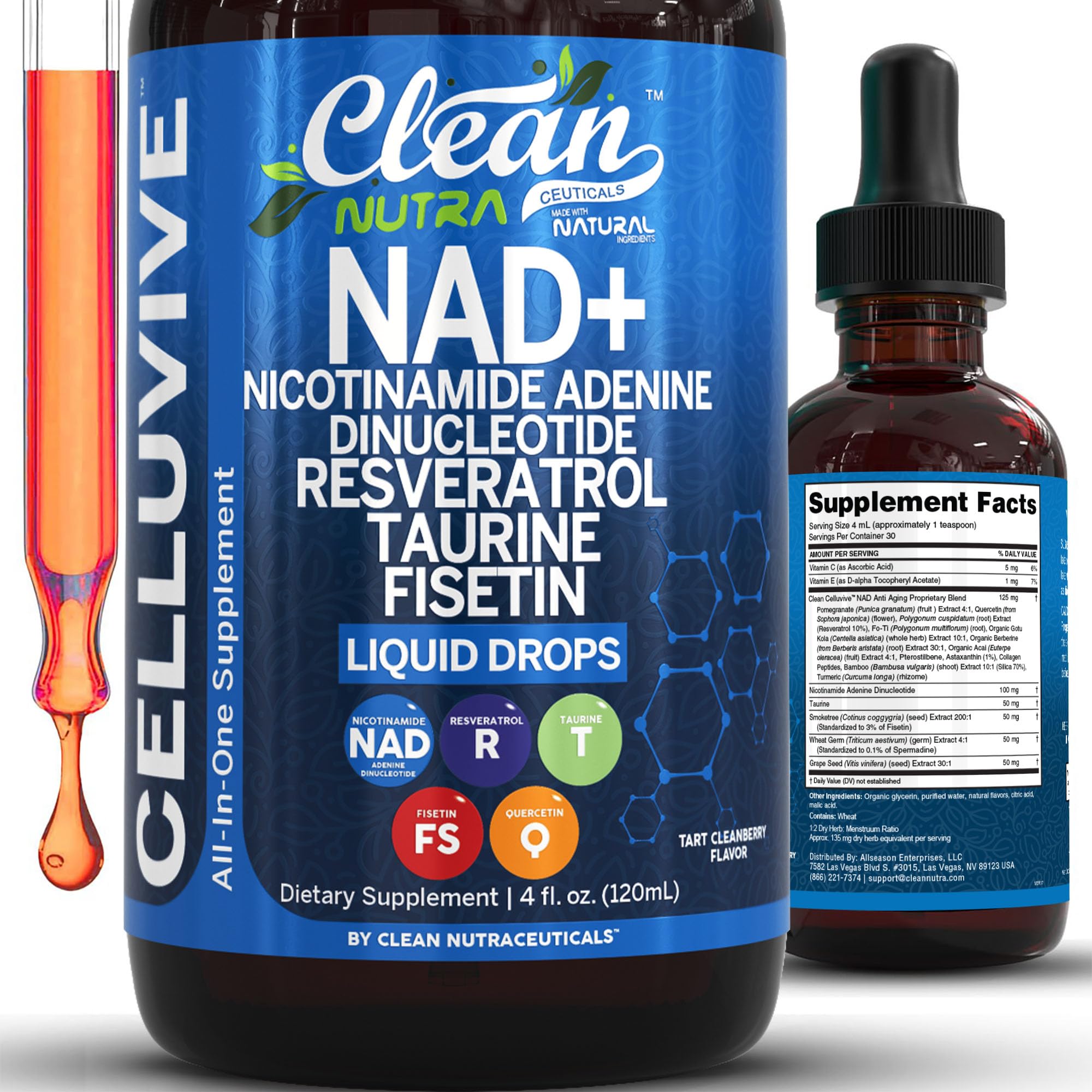 Clean Nutraceuticals NAD Drops bottle front showing premium NAD+ blend for daily vitality