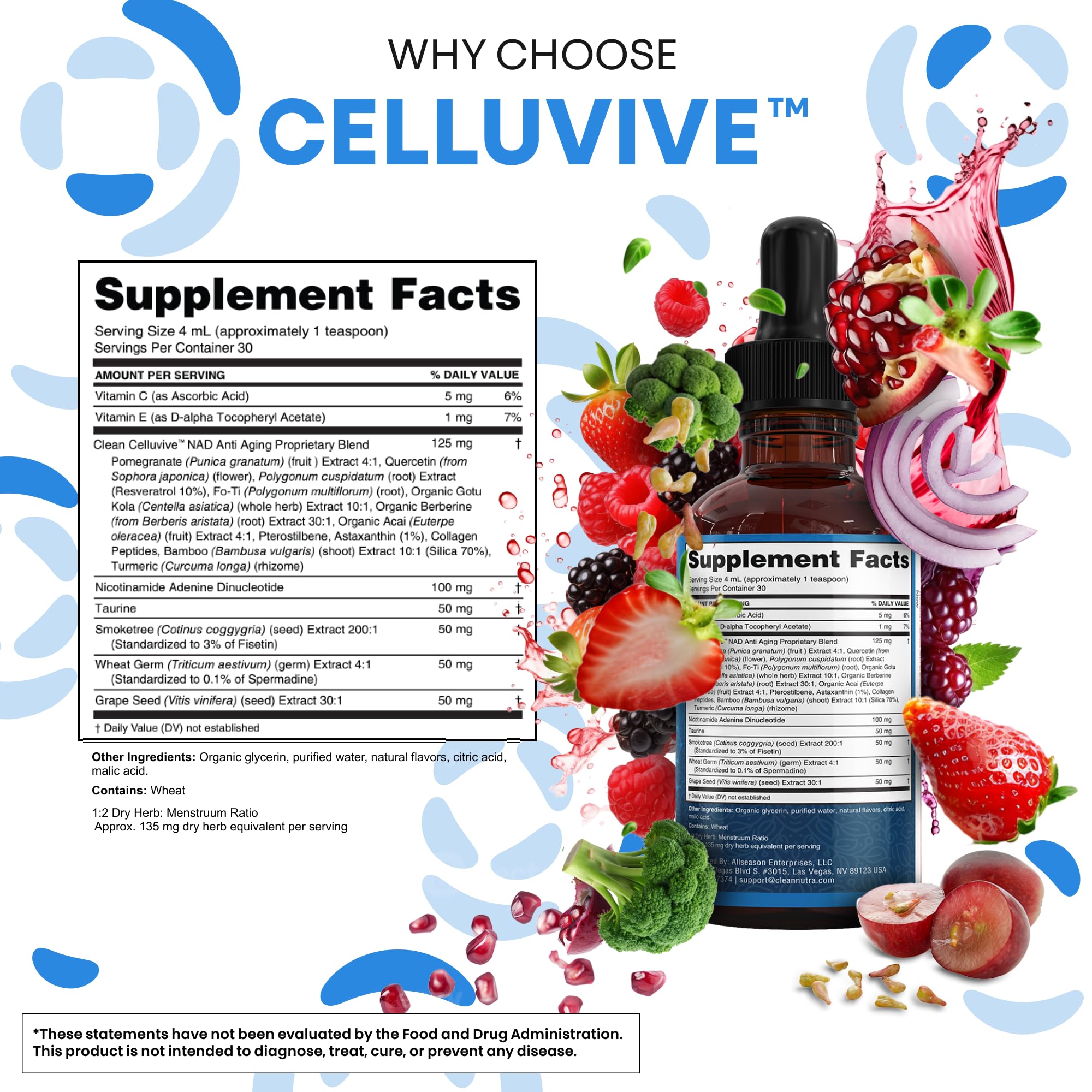Clean Nutraceuticals NAD Drops ingredients graphic highlighting polyphenols and resveratrol