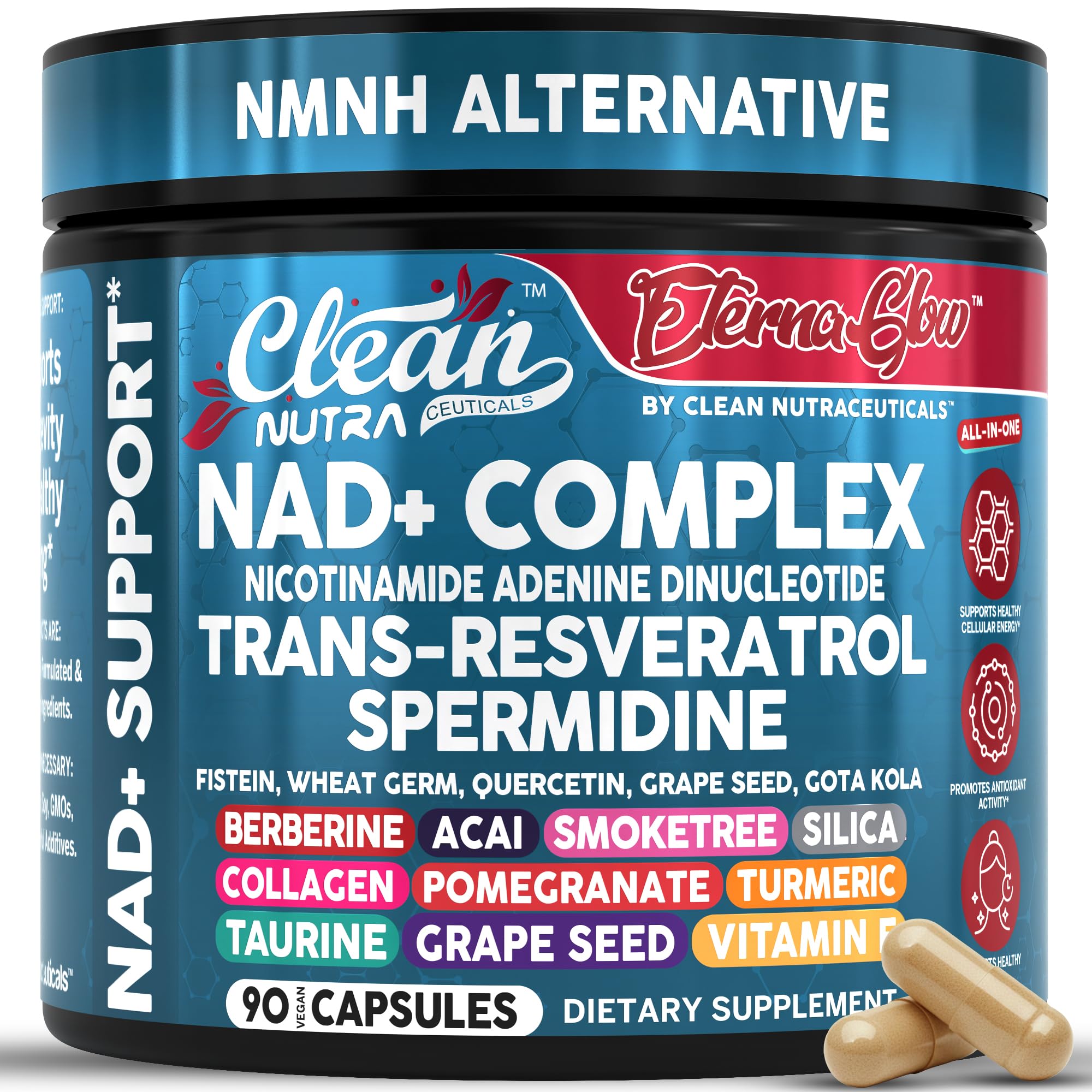 Clean Nutraceuticals NAD+ bottle with resveratrol and liposomal formula for renewed energy.