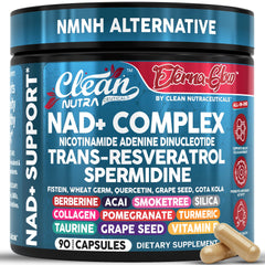 Clean Nutraceuticals NAD+ bottle with resveratrol and liposomal formula for renewed energy.