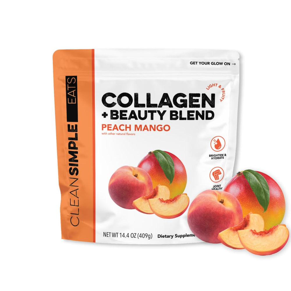 Clean Simple Eats Collagen Powder Beauty Blend in tub with peach mango flavor, ideal for daily routine.