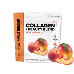 Clean Simple Eats Collagen Powder Beauty Blend in tub with peach mango flavor, ideal for daily routine.