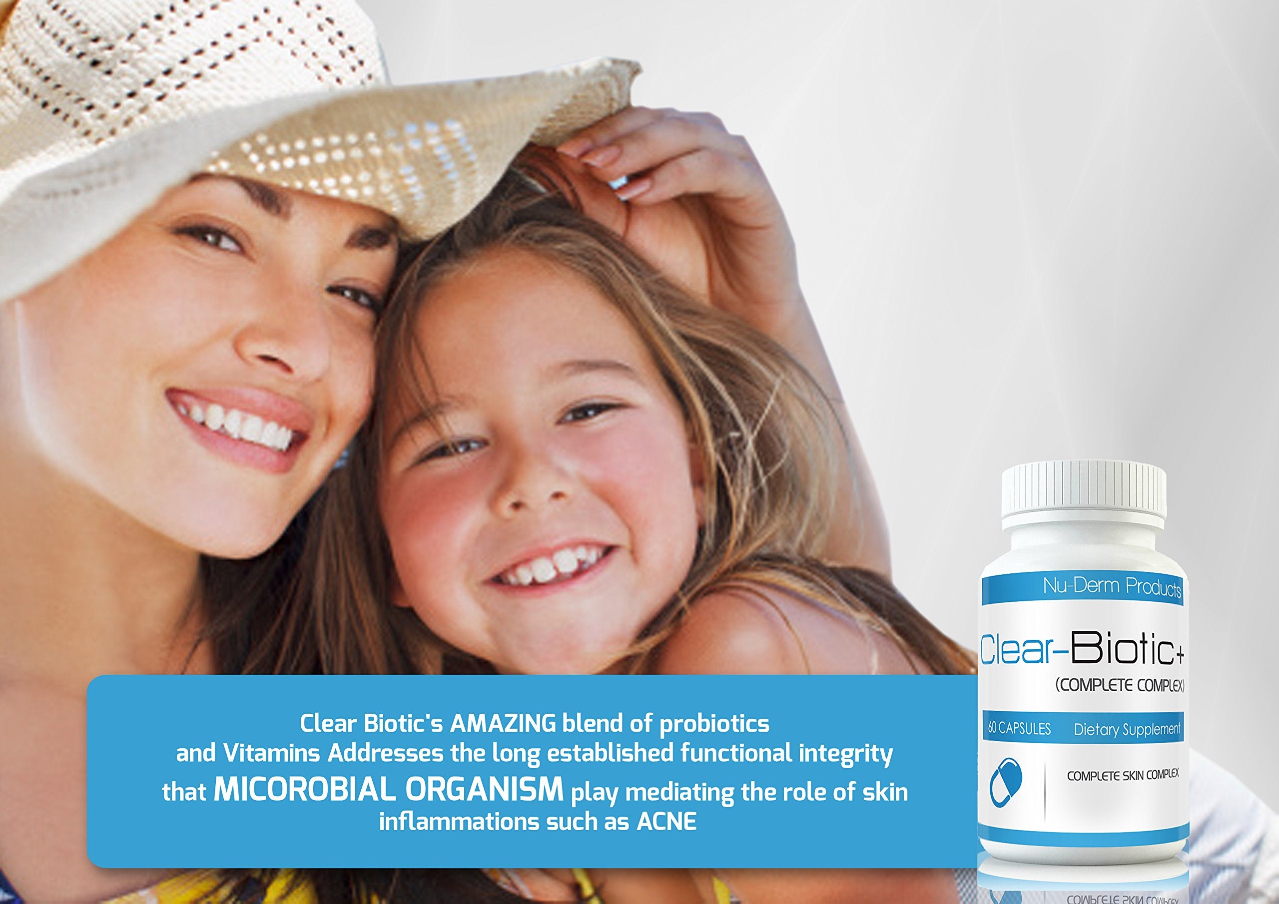 Clear-Biotic acne bottle label emphasizes non-GMO skin-supporting vitamins