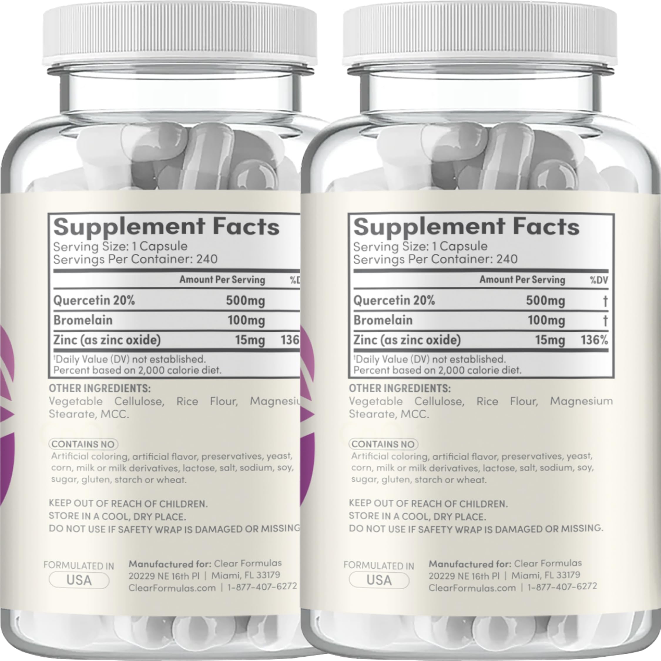 Label detail on Clear Formulas bottle highlighting quality standards