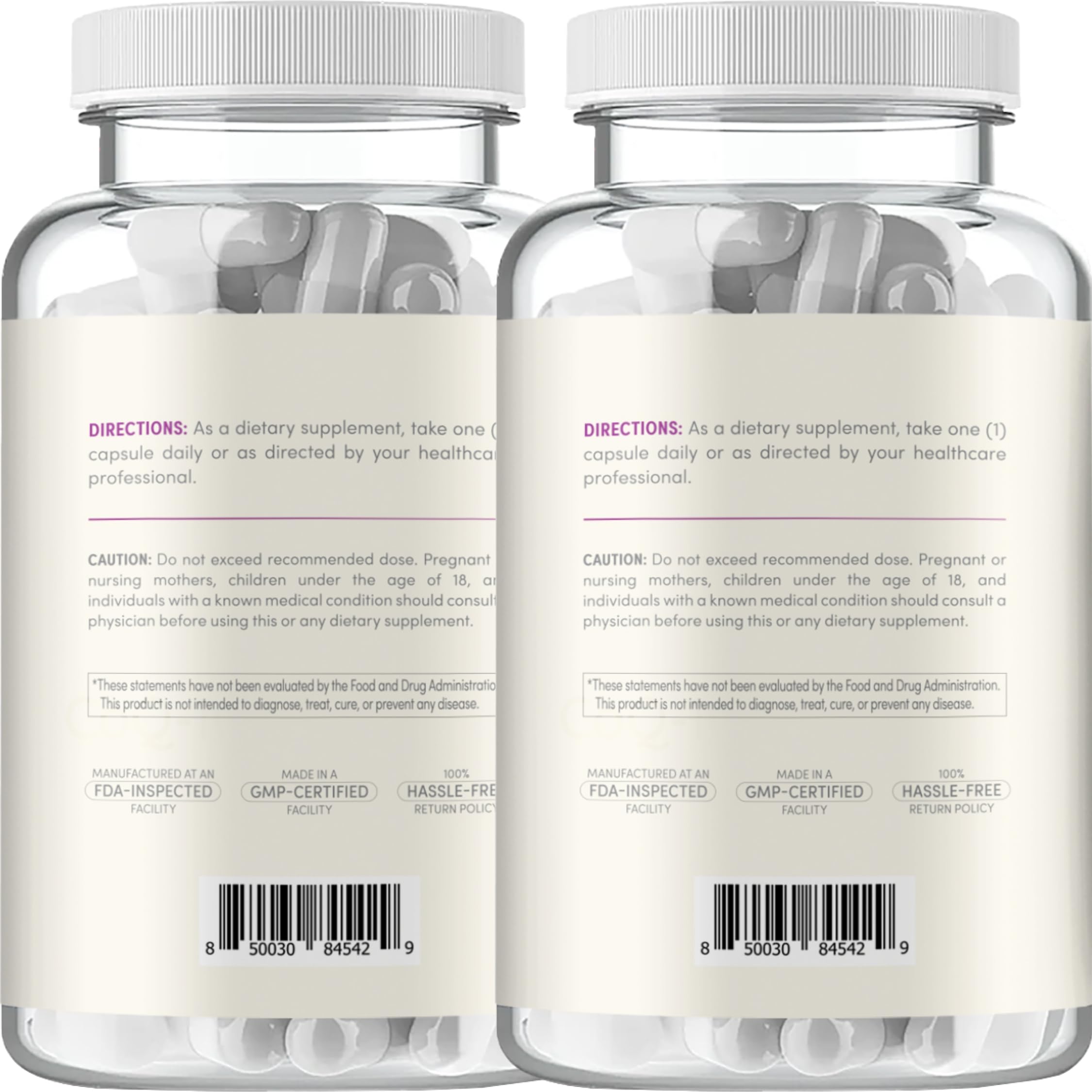 Closeup of Clear Formulas capsules showing 500 mg quercetin with zinc and bromelain