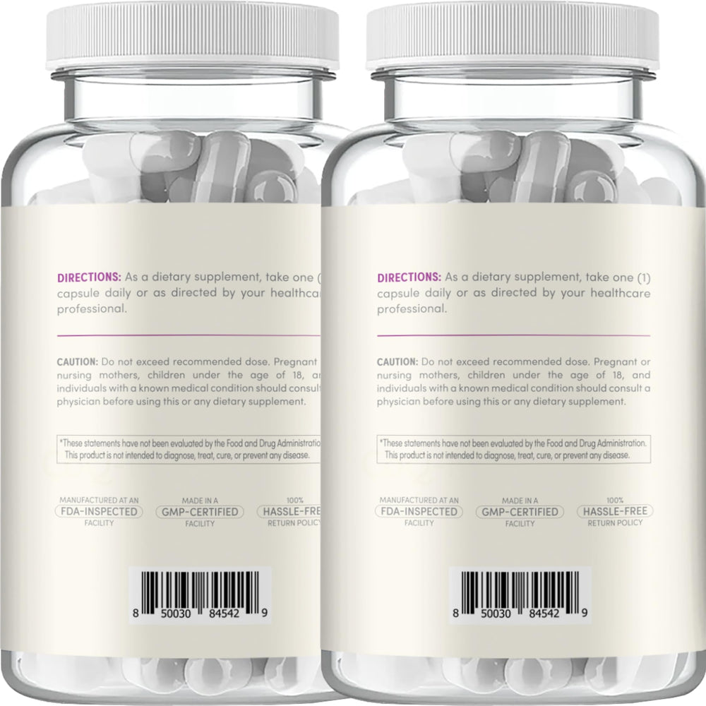 Closeup of Clear Formulas capsules showing 500 mg quercetin with zinc and bromelain