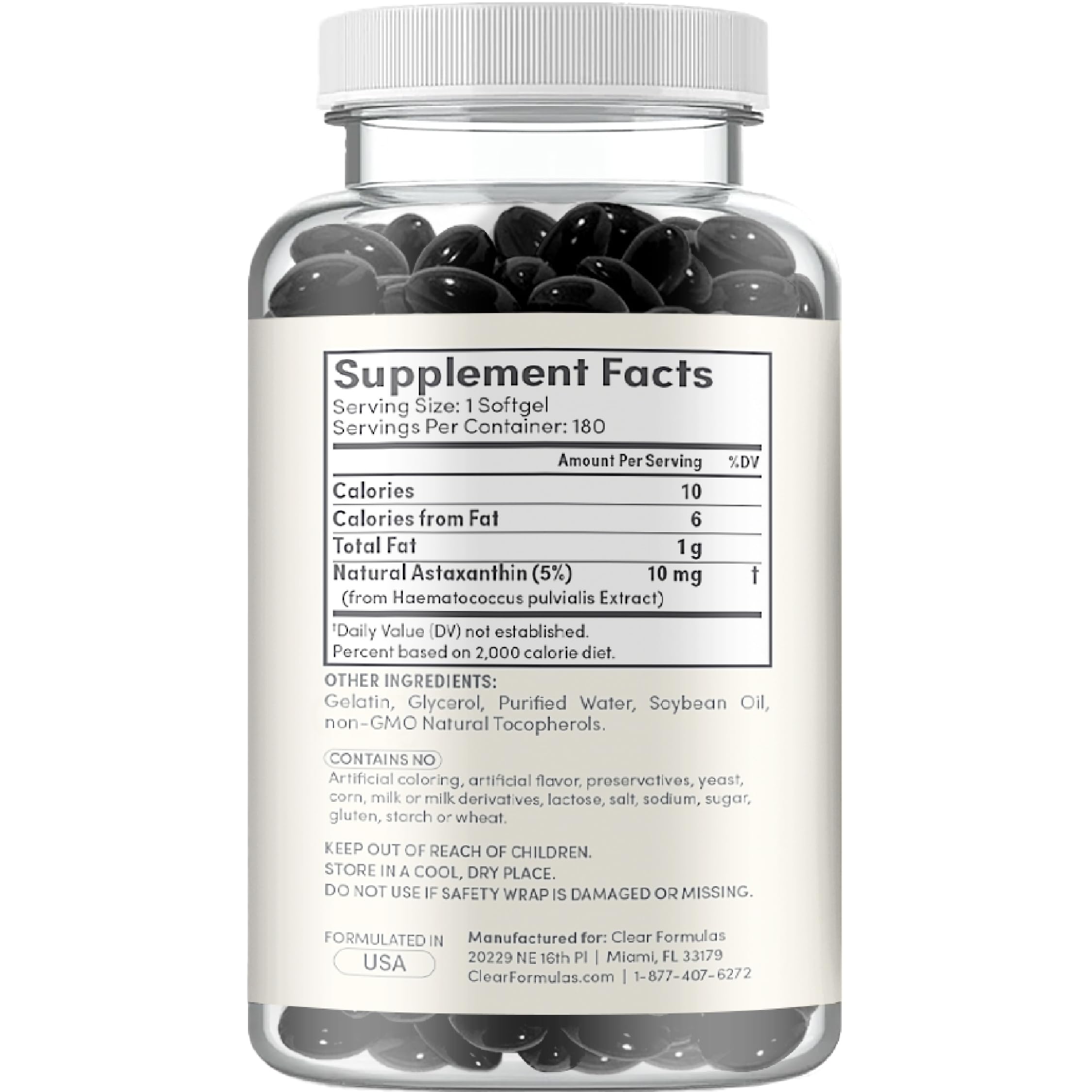 Clear Formulas ingredients label reveals microalgae-sourced carotenoids in a clear formulation