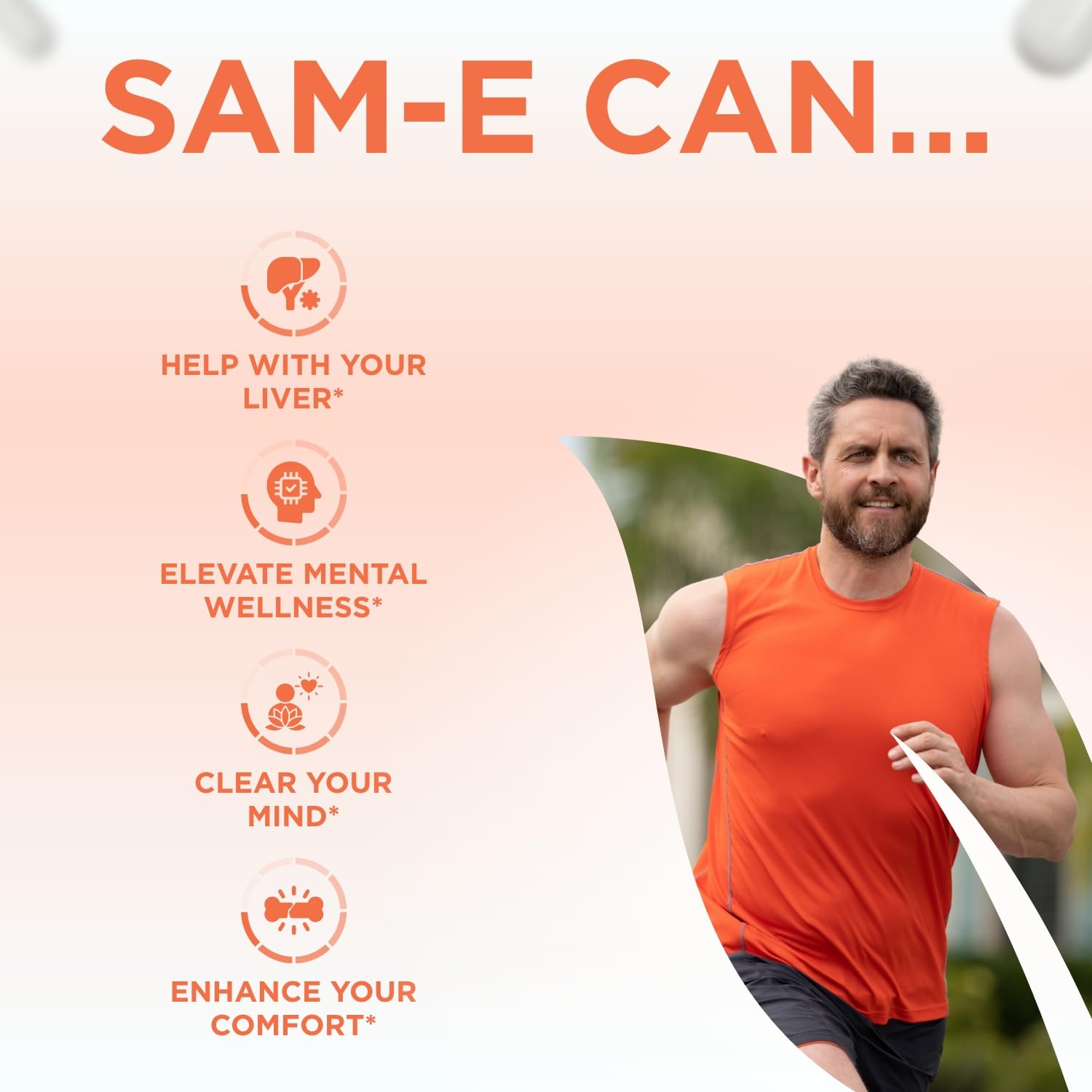 Outdoor scene with SAM-e capsules suggesting daily wellness ritual