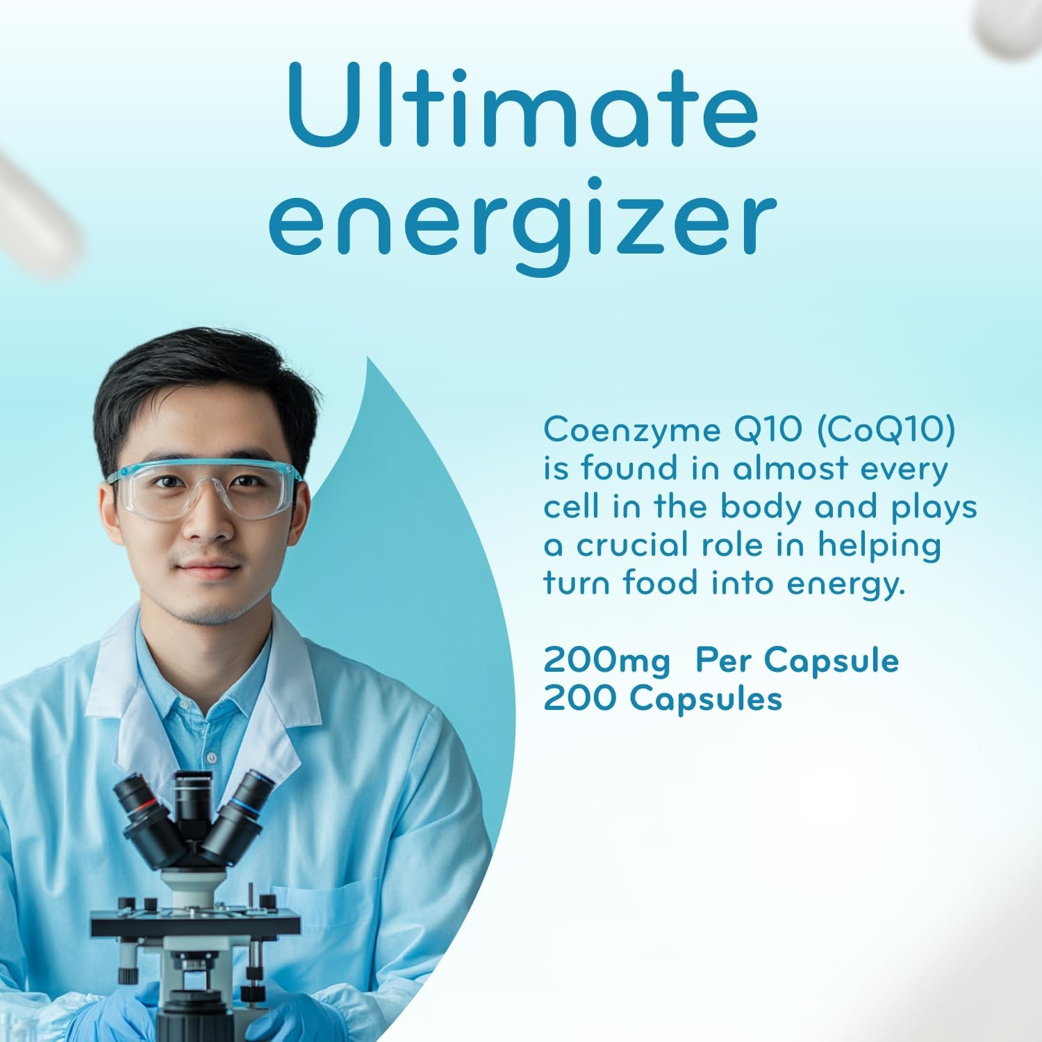 Top view of Clear Formulas CoQ10 bottle emphasizes easy daily use