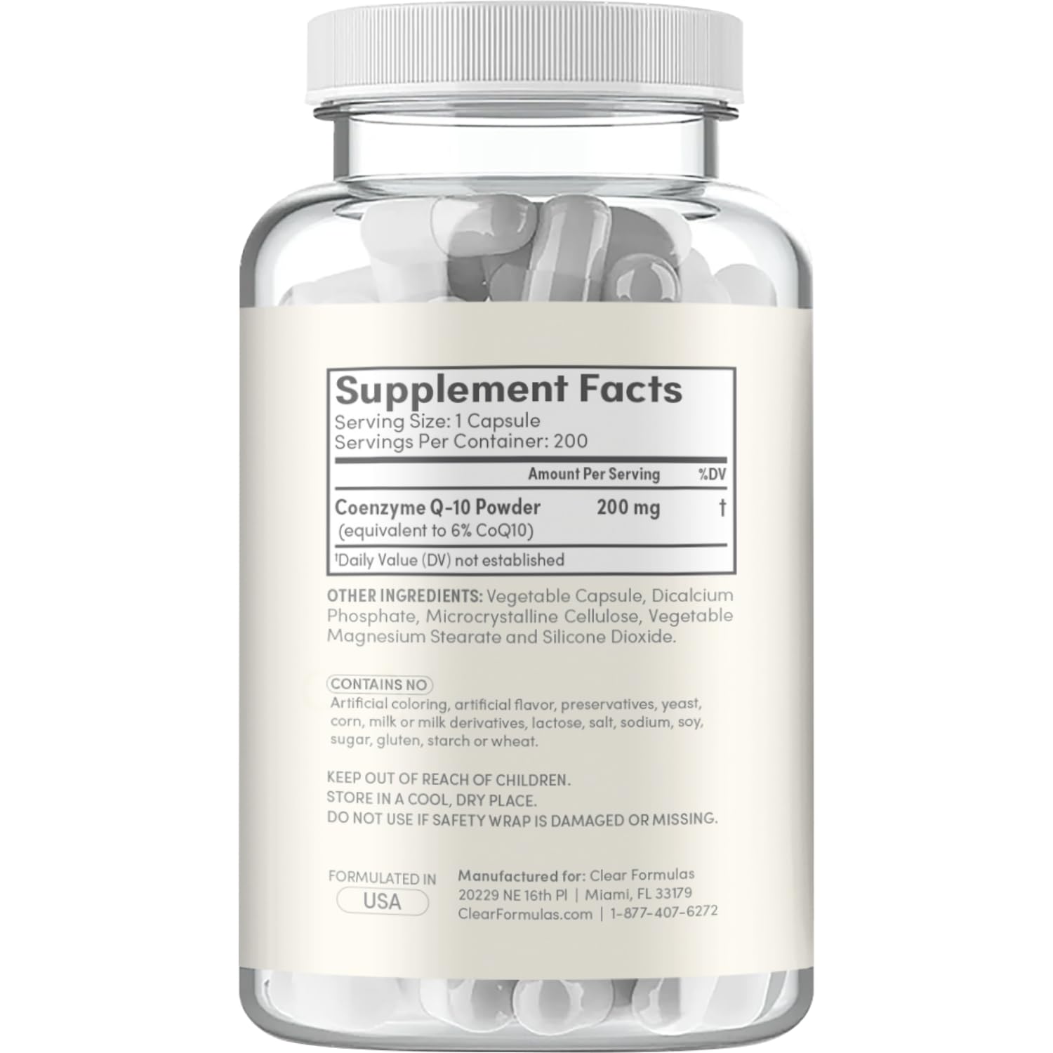 Ingredients panel on Clear Formulas CoQ10 notes allergen-free formula