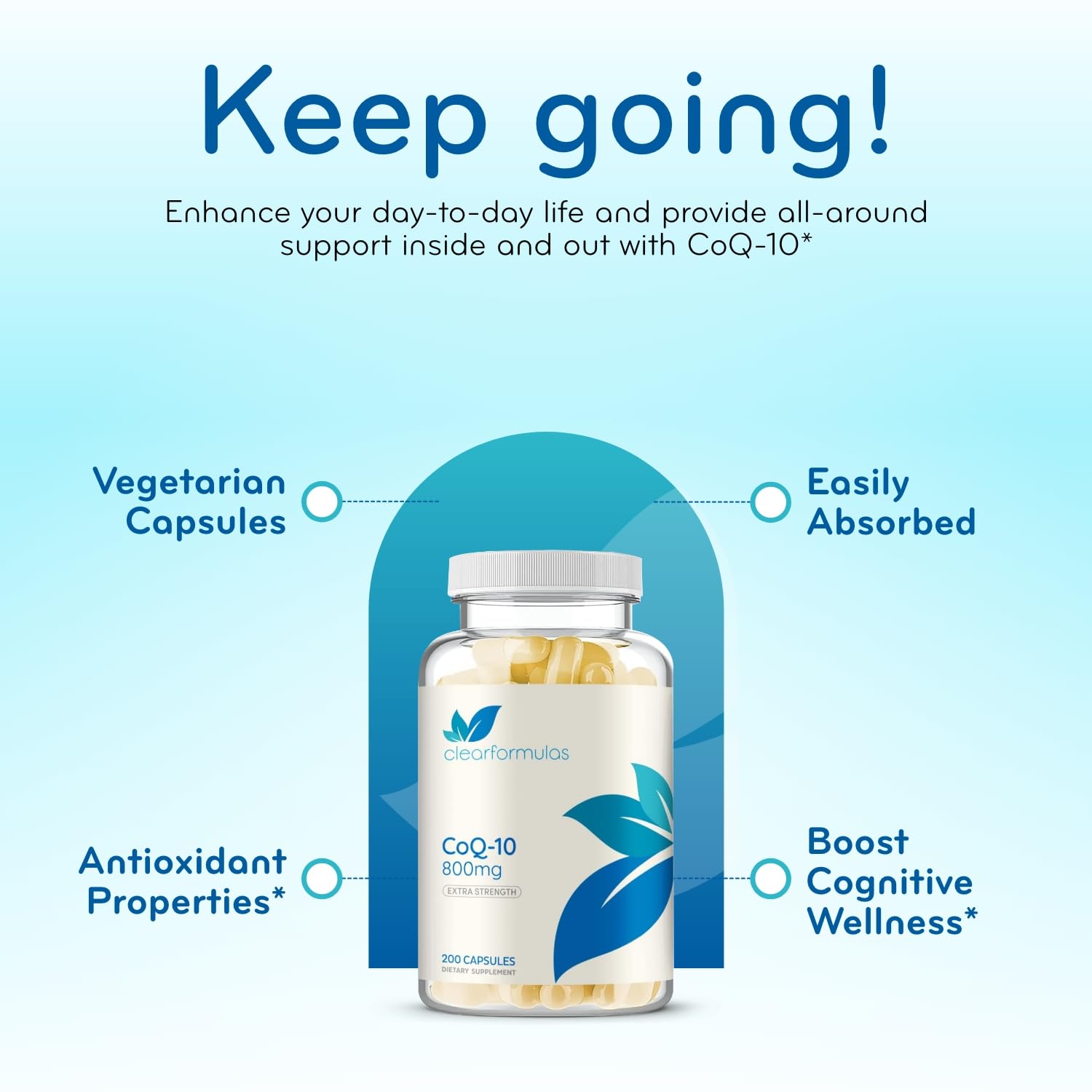 Clear Formulas CoQ10 label highlights ingredients and stability features