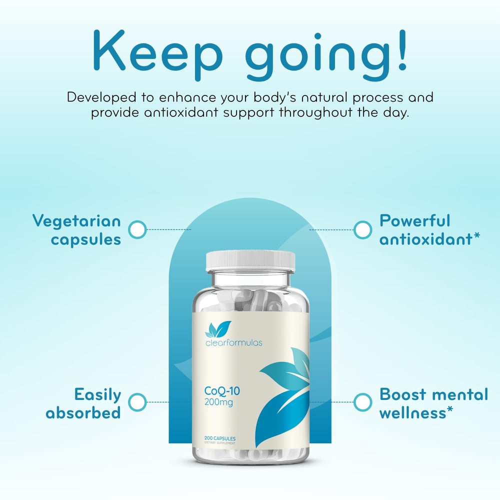 Serving card for Clear Formulas CoQ10 highlights 200 servings per bottle
