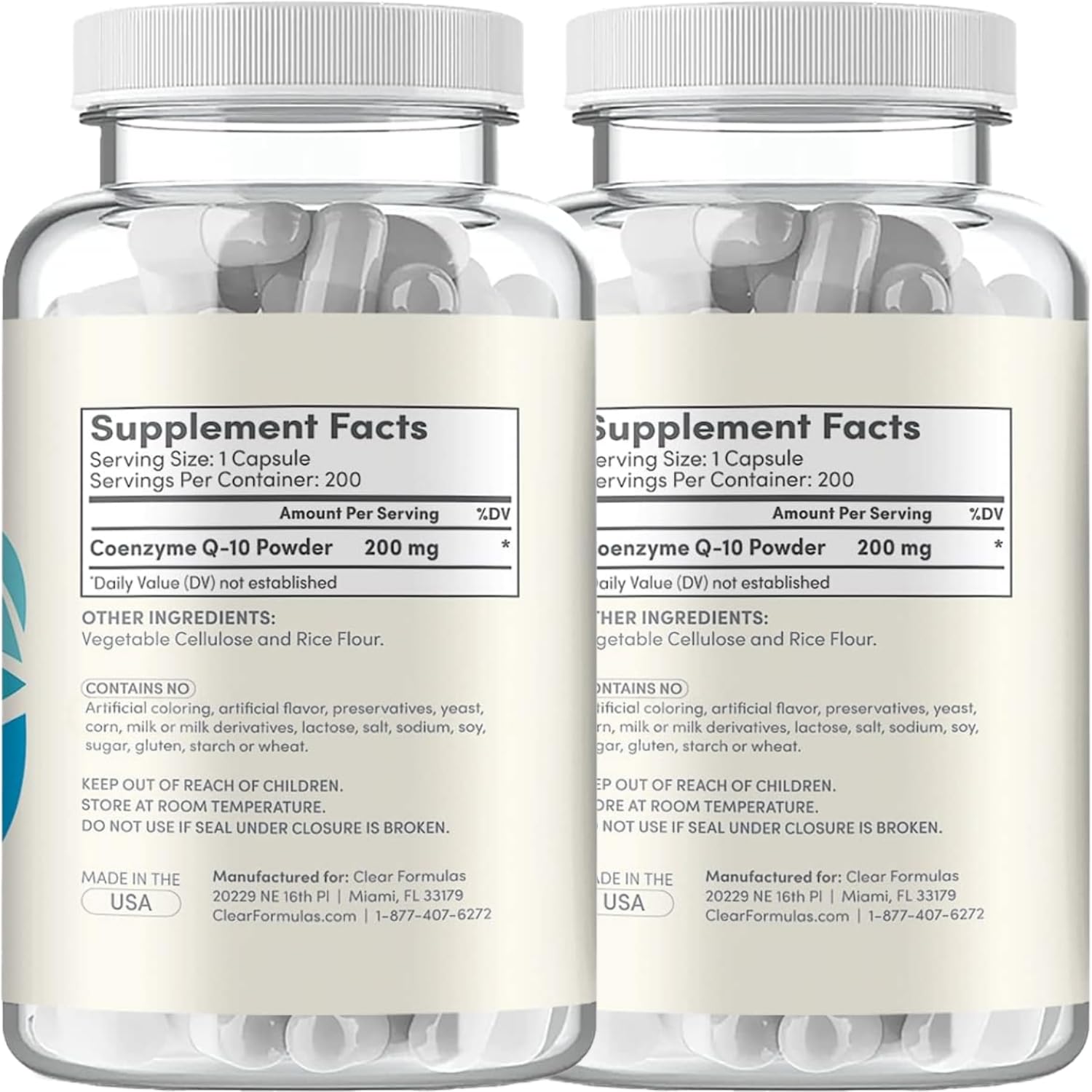 Clear Formulas CoQ10 label demonstrating high absorption claim and 200mg per serving.