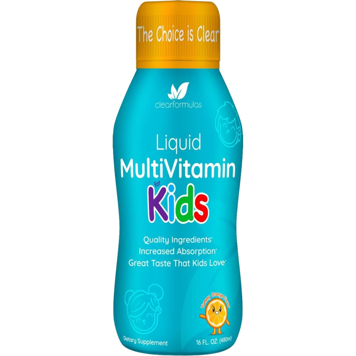 Clear Formulas kids liquid multivitamin orange bottle for easy daily dosing