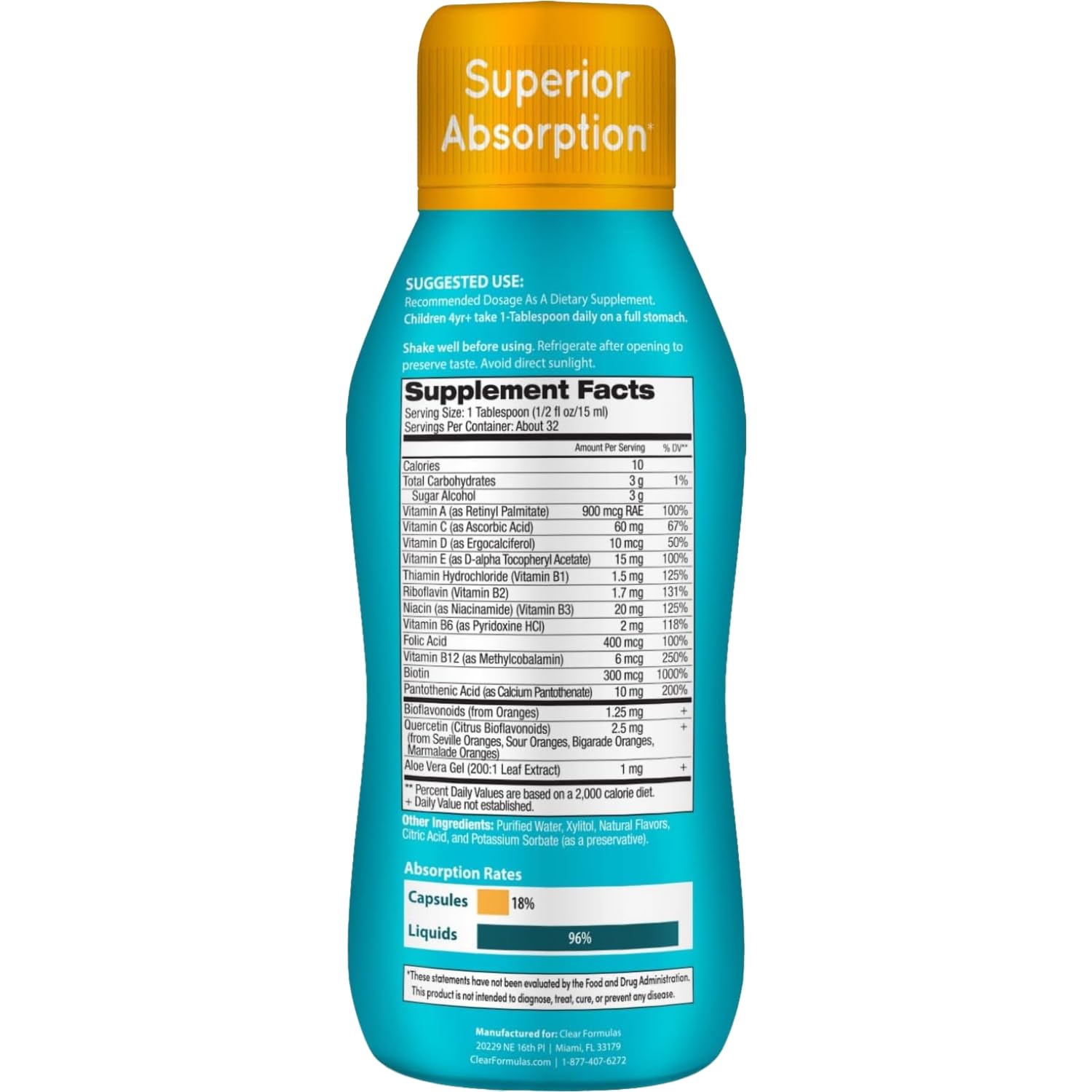 Clear Formulas kids liquid multivitamin orange dropper shows accurate dose measurement
