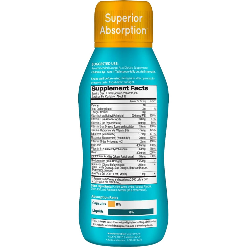 Clear Formulas kids liquid multivitamin orange dropper shows accurate dose measurement