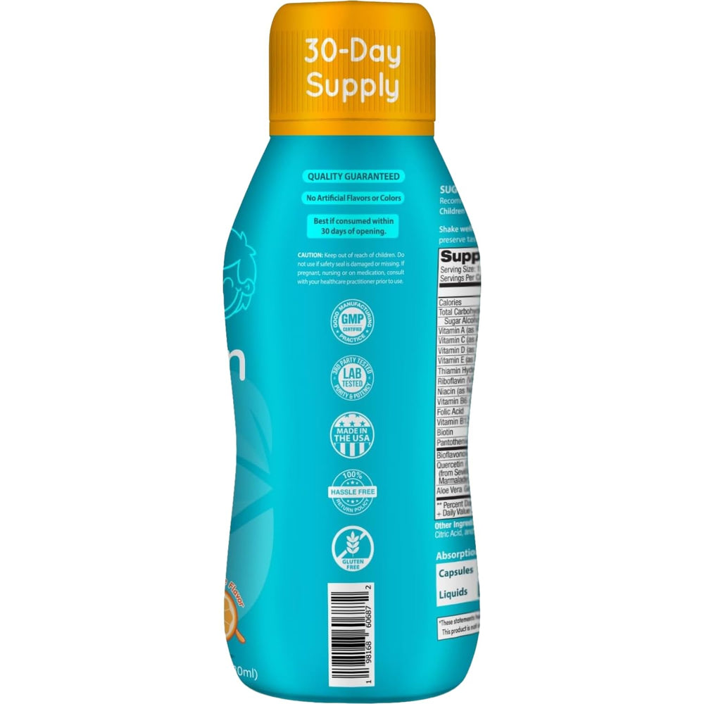 Clear Formulas kids liquid multivitamin orange pour illustrates precise serving