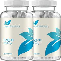 Clear Formulas Quick Absorption CoQ10 bottle with 200mg ubiquinone for daily energy support.