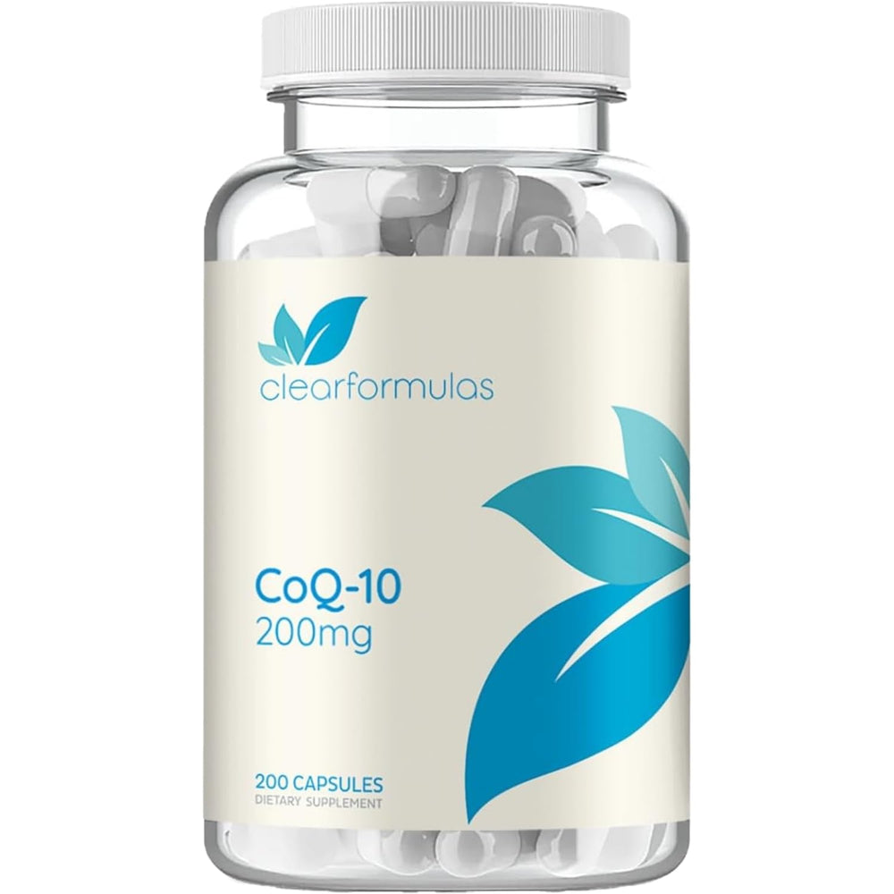 Clear Formulas Quick Absorption CoQ10 bottle front shows 200 mg potency for daily energy