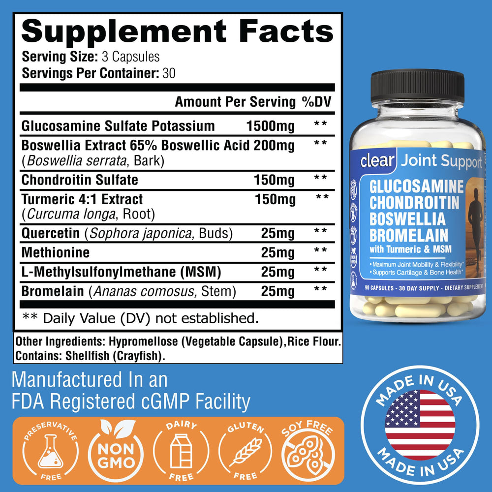 Clear Probiotics bottle back showing turmeric and boswellia profile for flexibility.