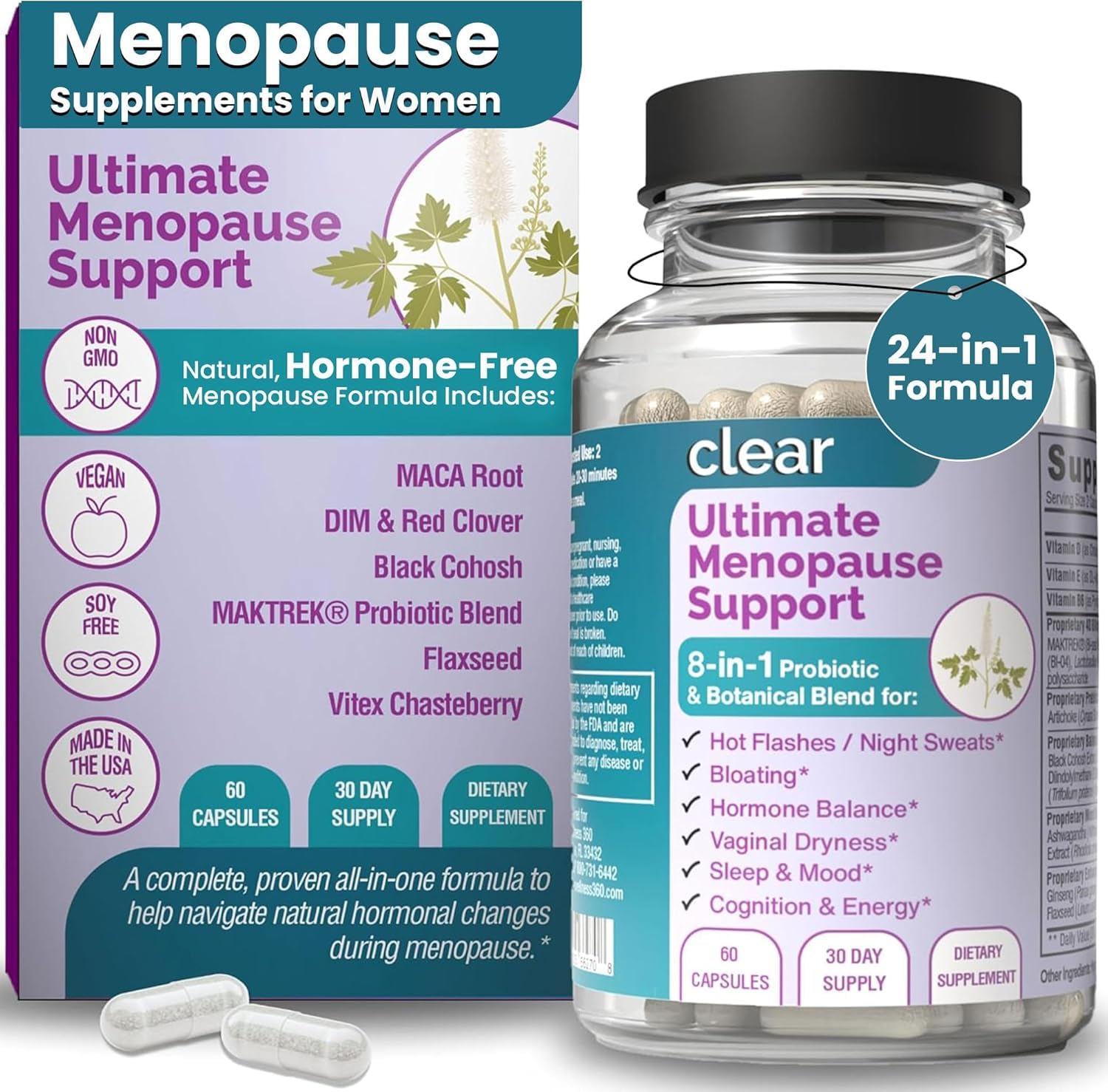 Clear Probiotics menopause bottle front view promoting daily balance.
