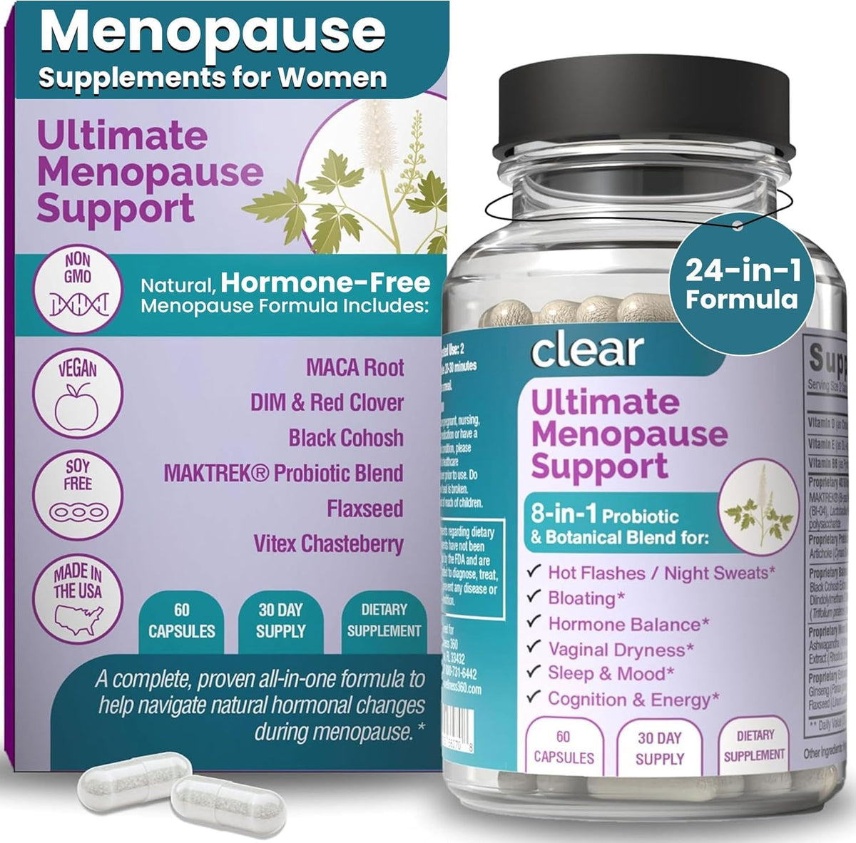 Clear Probiotics menopause bottle front view promoting daily balance.