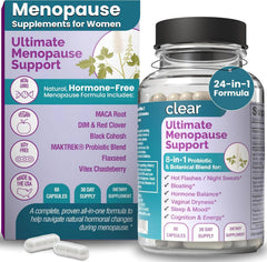 Clear Probiotics menopause bottle front view promoting daily balance.