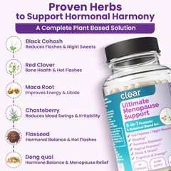 Clear Probiotics menopause packaging box highlights vegan and non-GMO ingredients.