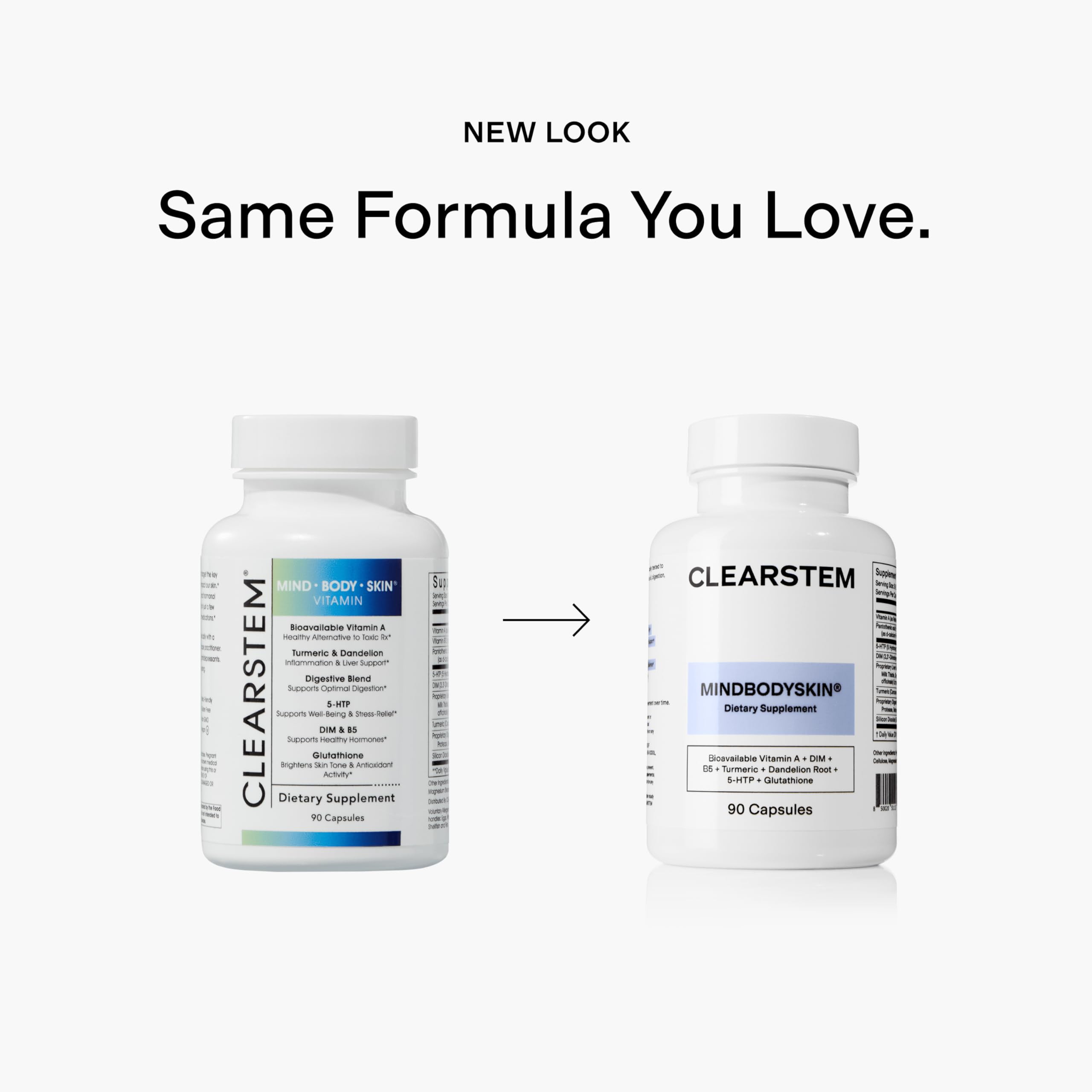 CLEARSTEM MindBodySkin bottle back label highlights gluten-free cruelty-free formula