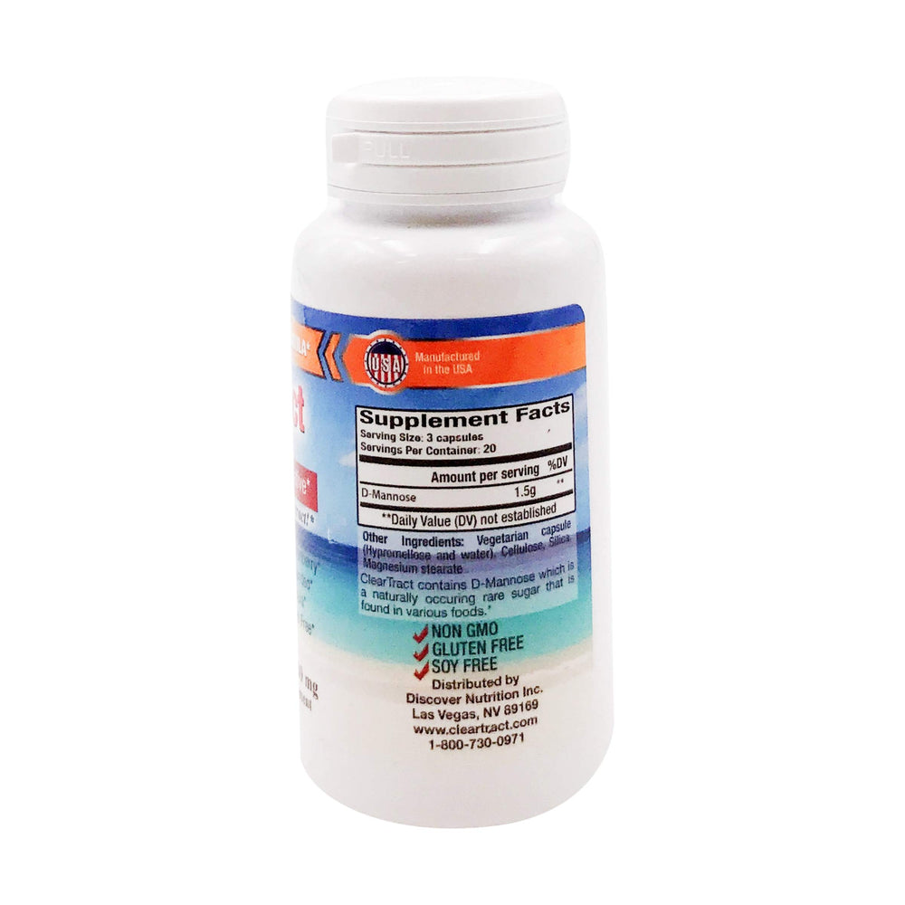 Close-up of Cleartract D-Mannose capsules, easy daily support for urinary comfort.