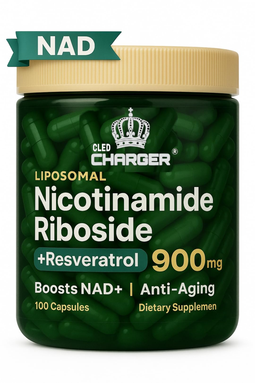 Cled Charger NAD+ Plus bottle front showing liposomal delivery for enhanced absorption and daily energy
