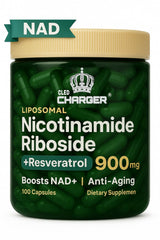 Cled Charger NAD+ Plus bottle front showing liposomal delivery for enhanced absorption and daily energy