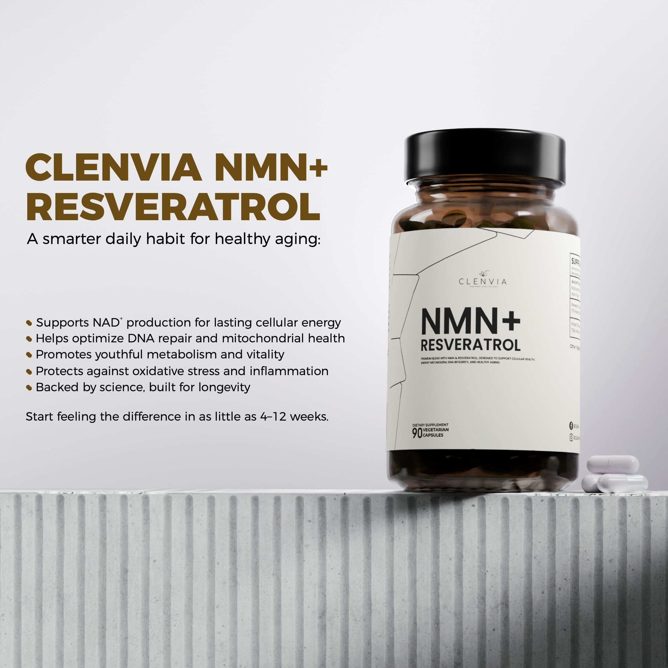 CLENVIA NMN + Resveratrol bottle in hand for on-the-go use.