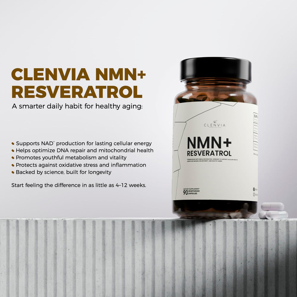 CLENVIA NMN + Resveratrol bottle in hand for on-the-go use.