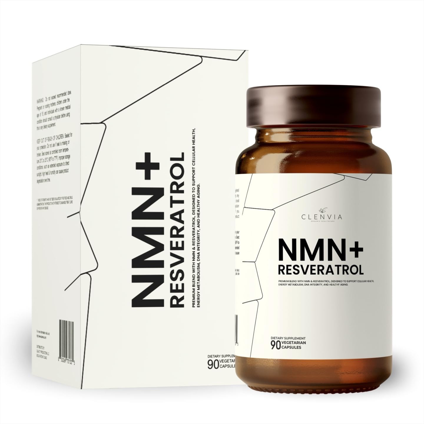 CLENVIA NMN + Resveratrol bottle highlighting convenient daily supplementation.