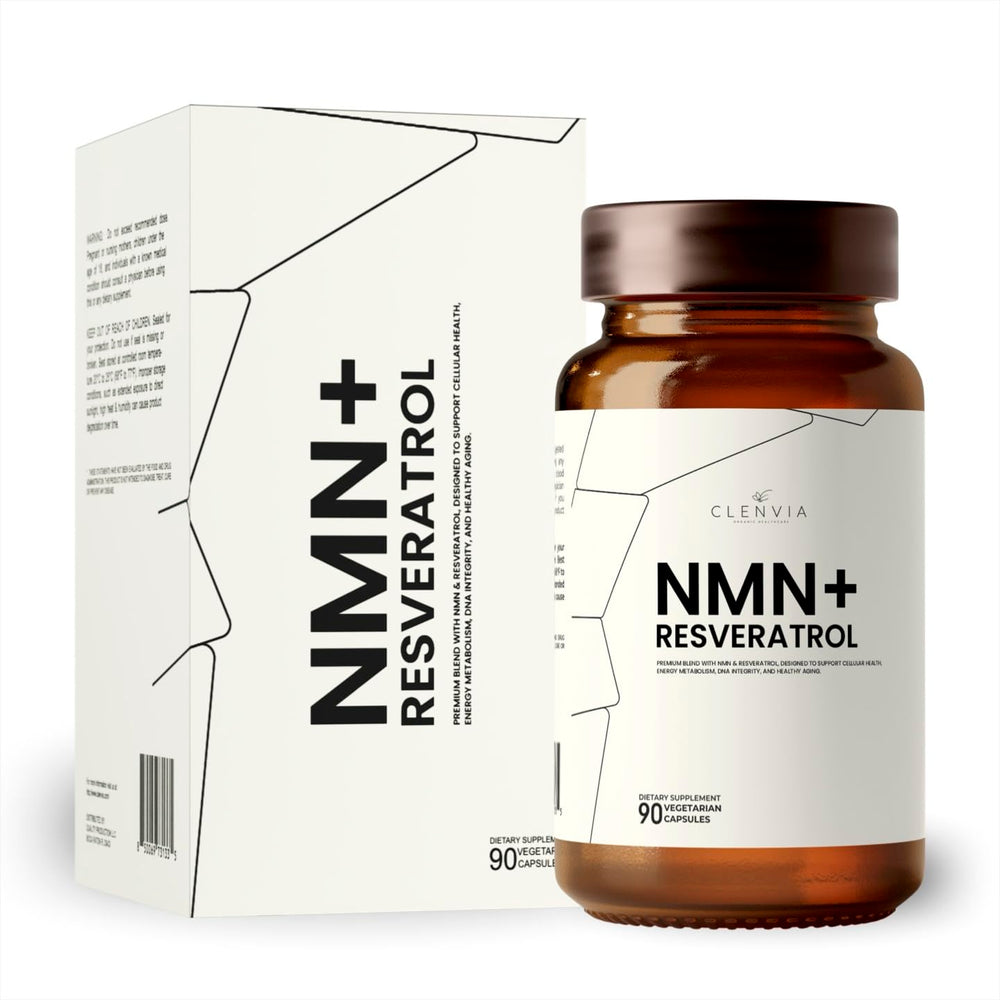 CLENVIA NMN + Resveratrol bottle highlighting convenient daily supplementation.