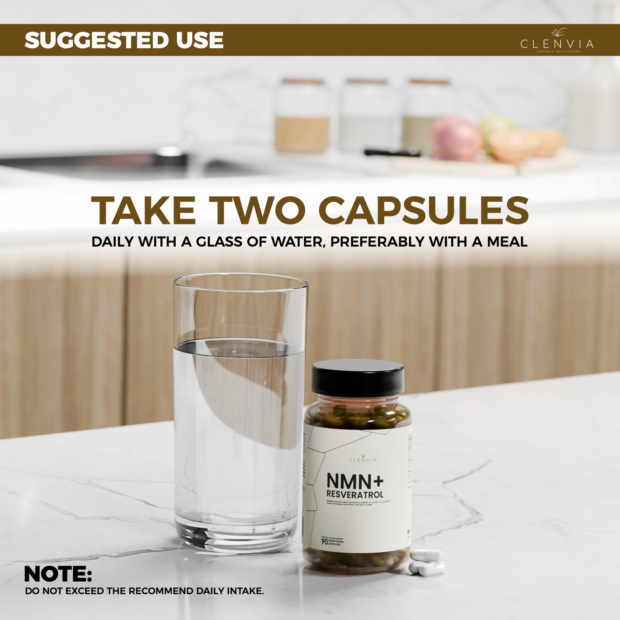CLENVIA NMN + Resveratrol capsules close-up for easy daily use.