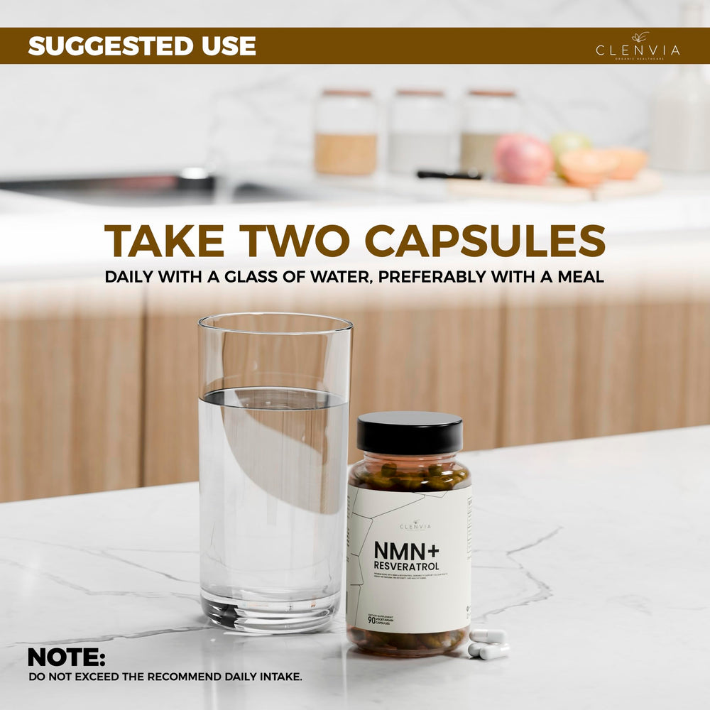 CLENVIA NMN + Resveratrol capsules close-up for easy daily use.