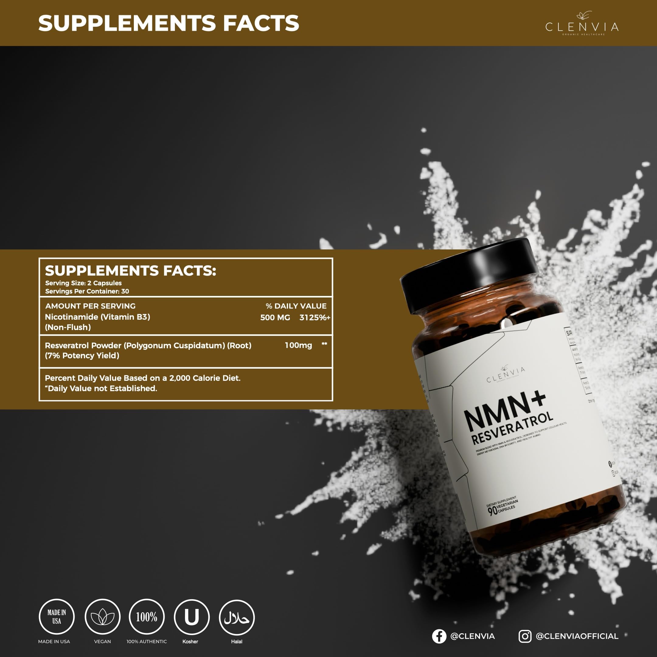 CLENVIA label detail emphasizing clean ingredients and third-party testing.