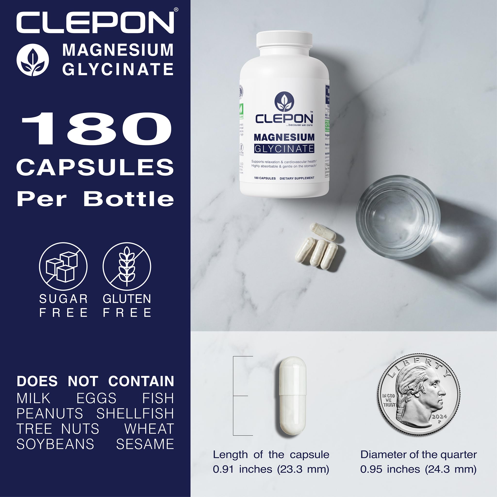 Back panel of CLEPON Magnesium Glycinate bottle lists magnesium content.
