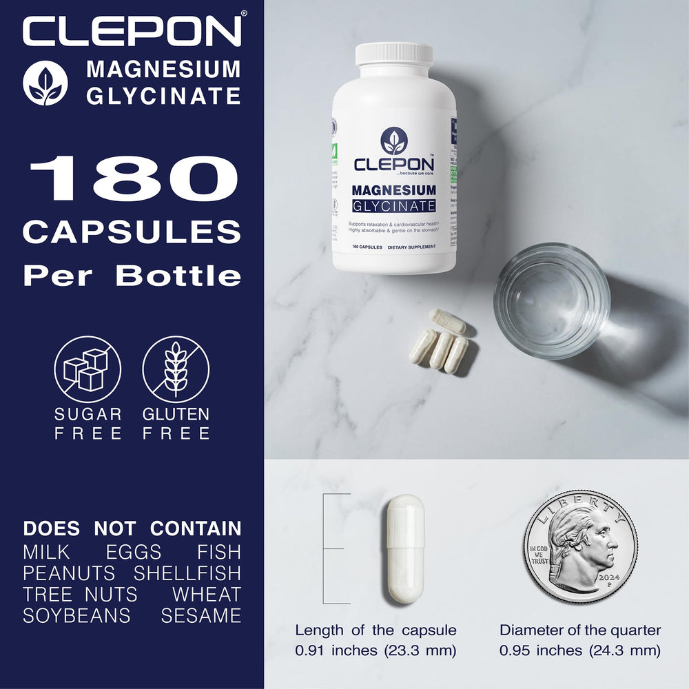 Back panel of CLEPON Magnesium Glycinate bottle lists magnesium content.