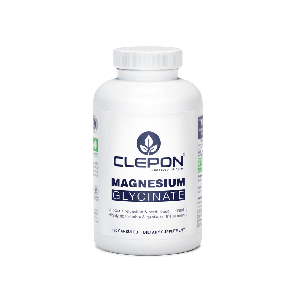 CLEPON Magnesium Glycinate bottle front promoting high-absorption daily wellness.