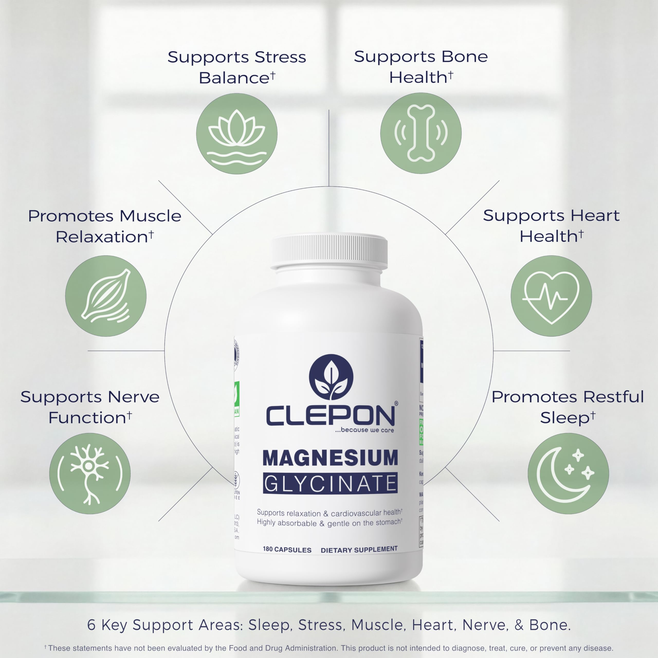 CLEPON Magnesium Glycinate capsules being poured for easy daily intake.